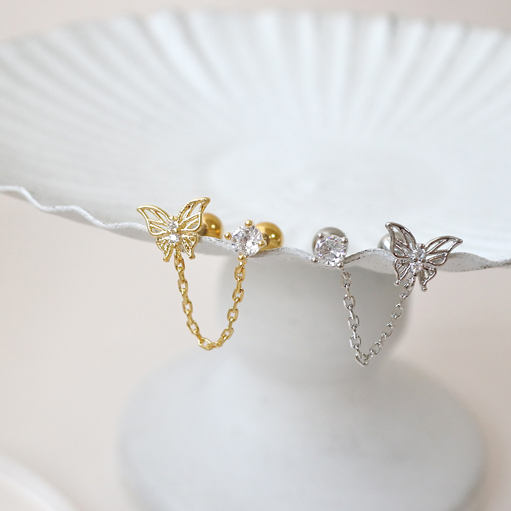 16G ］繊細に形作られたバタフライ ×ラウンド の2ホール チェーン 蝶々