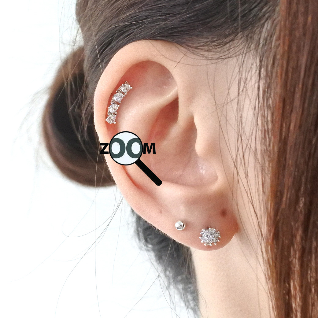 ［16G］左右耳OK♪女性らしく、華やか。4粒キュービックジルコニア カーブデザイン 軟骨ピアス ヘリックス ボディピアス 0155