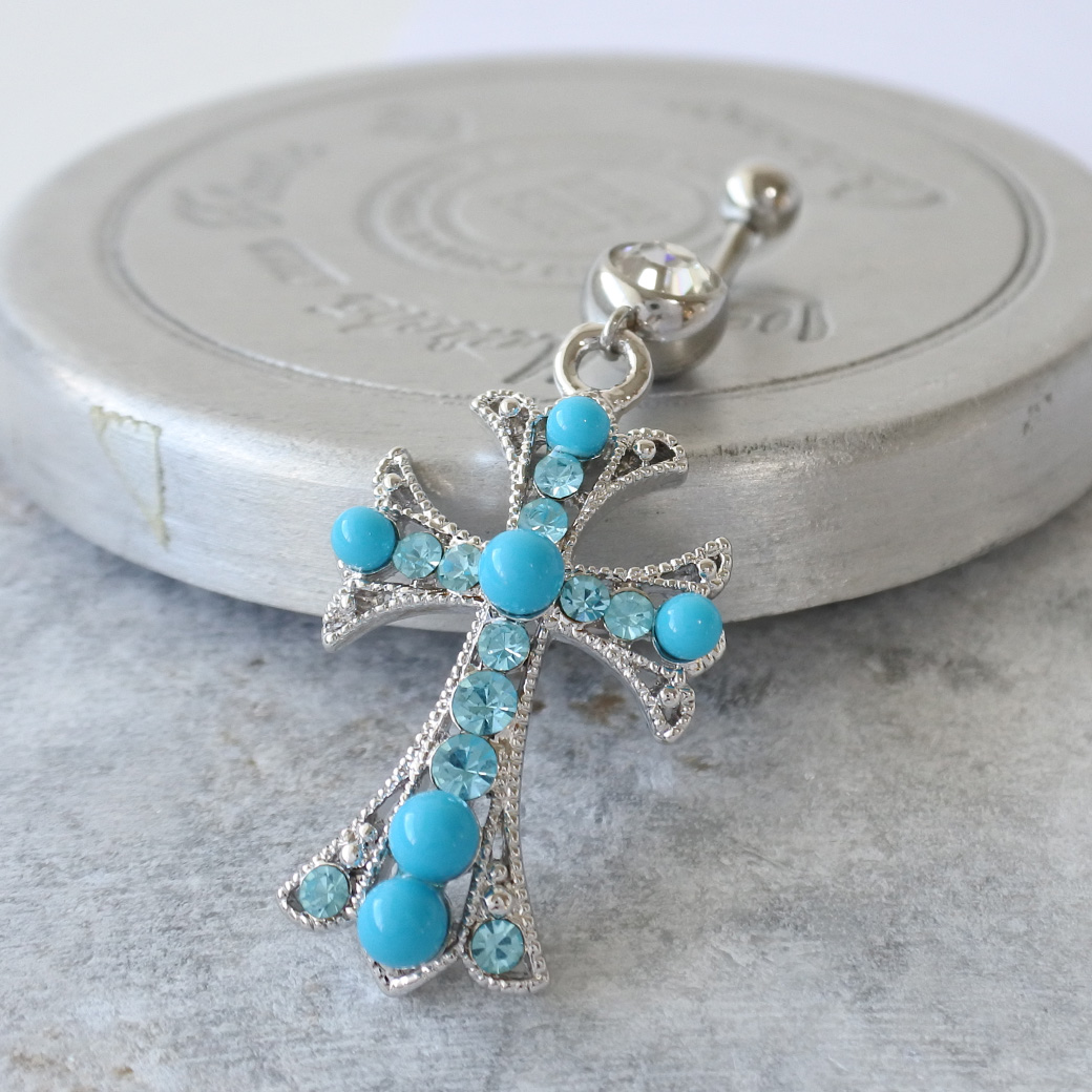 14G ]一点投入でこなれ感UP！鮮やかターコイズ ブルー クロス へそ