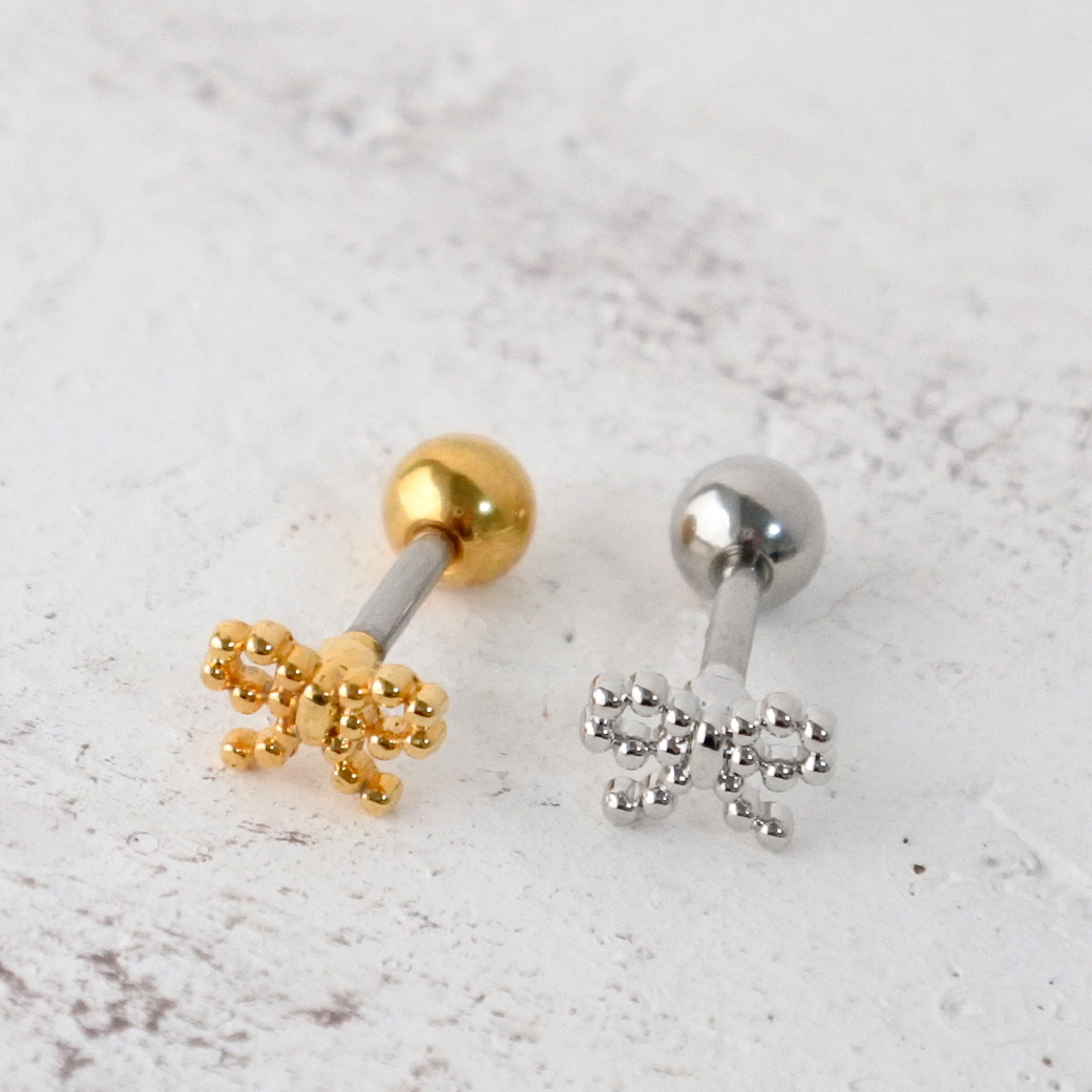 14G 16G ］粒感フォルムが耳元で映えるドット リボン ジュエル