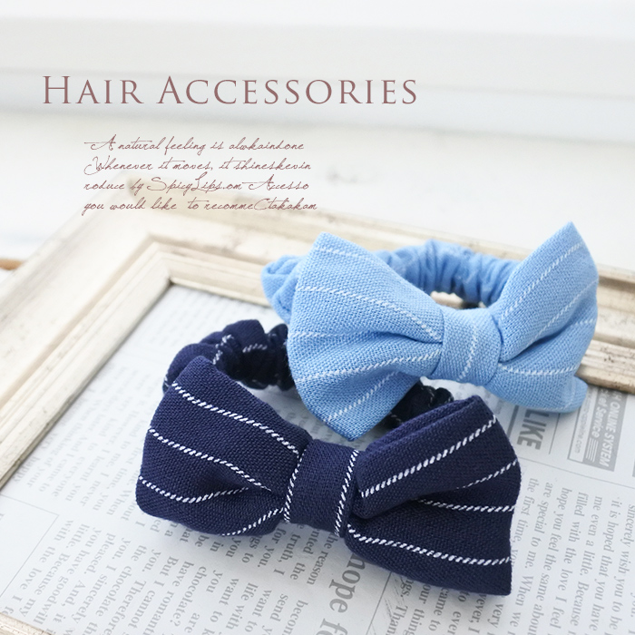 サッとまとめ髪で楽チン可愛い デニム生地デザイン リボンシュシュ ヘアゴム 7072